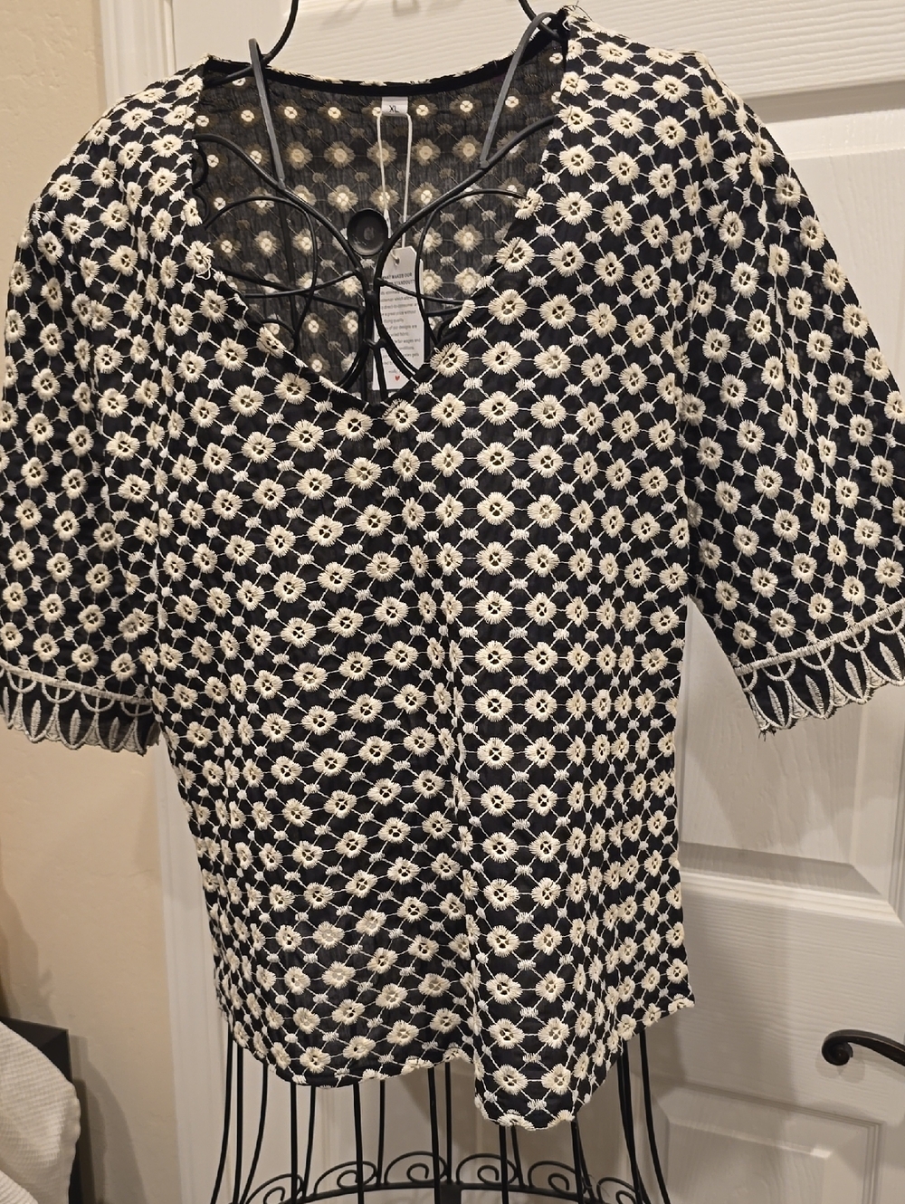 Black & White Floral Crochet Short-Sleeve Top